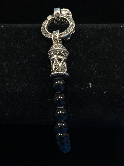 SU Sterling Silver, Marcasite, & Black Beaded Bracelet