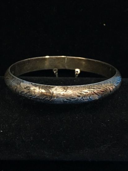 Vintage Etched Puffy Sterling Silver Bangle Clasp Bracelet