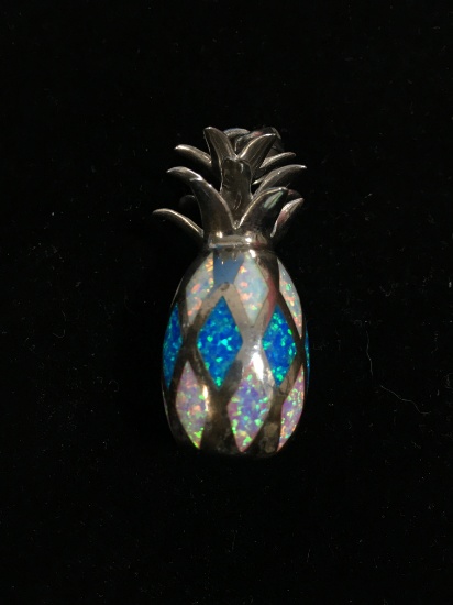 2" Tall Sterling Silver & Fire Opal Inlay Pineapple Pendant