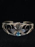 RARE Sterling Silver Repousse Floral Cuff Bracelet W/ Blue Topaz