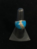 Designer NF Sterling Silver & Turquoise Inlay Thick Ring - Size 7