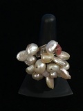 Unusual Sterling Silver & Pearl Beaded Ring - Size 8.5