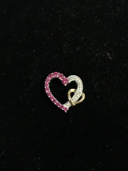 Diamond & Pink Gemstone Sterling Silver Heart Pendant W/ 12K GF