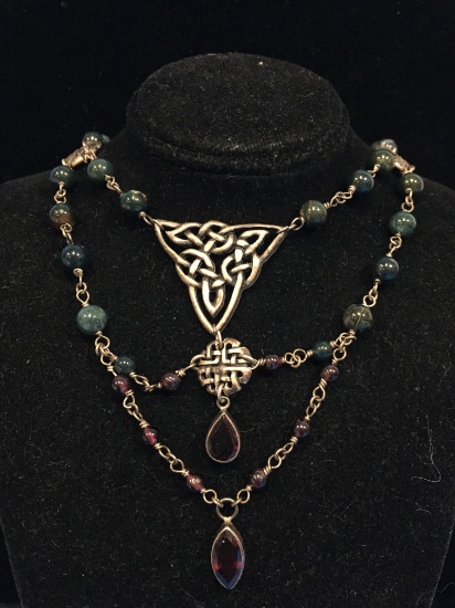 RARE Sterling Silver, Garnet, & Connemara Marbel Celtic Necklace