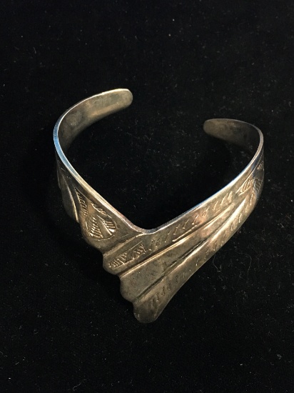 Etched Sterling Silver Deco Style Cuff Bracelet - 28 Grams