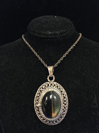 RARE Vintage Taxco Sterling Silver & Tiger's Eye Poison Pendant W/ 24" Sterling Chain - 27 Grams