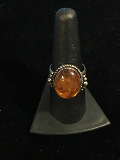 Signed Sterling Silver & Amber Ring - Size 8