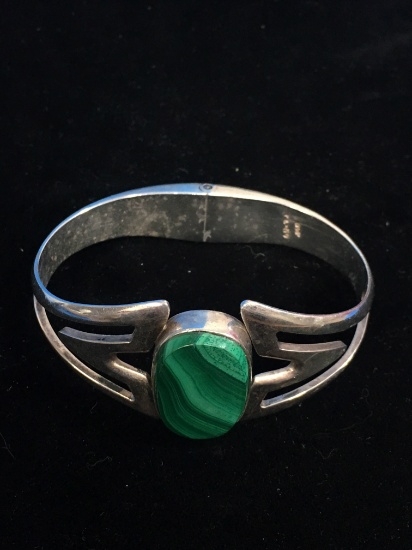 Old Pawn Taxco Heavy Sterling Silver & Malachite Bangle Cuff Bracelet W/ Hinge - 50 Grams