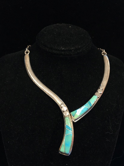 High Quality Native American Artisan Made Sterling Silver & Turquoise Inlay 18" Necklace