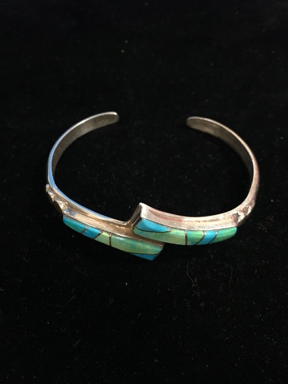 High Quality Native American Artisan Made Sterling Silver & Turquoise Inlay Cuff Bracelet