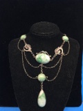 RARE Vintage Sterling Silver & Jade Cluster Serpent Chain Necklace