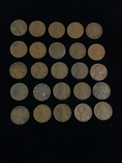 25 Count Lot of United States Lincoln Cent Wheat Pennies - Unresearched