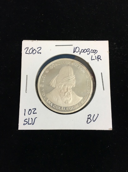 2002 BU 1 Ounce .999 Fine Silver 10K Lira Turkey Bullion Coin
