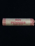 Unsearched Roll of 50 Lincoln Cent Wheat Pennies - Labeled 