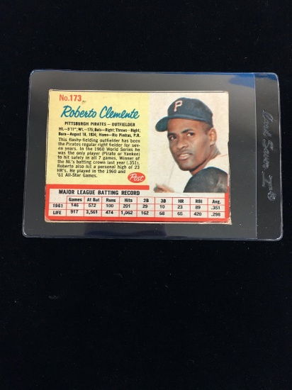 1962 Post #173 Roberto Clemente Pirates Baseball Card