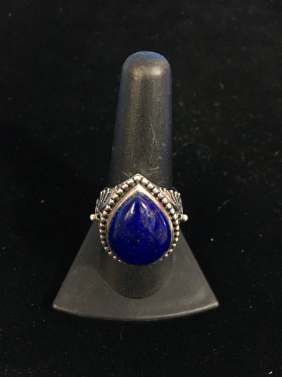 India Bali Style Sterling Silver & Blue Lapis Tear Drop Ring - Size 9