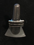 Unique Sterling Silver & Black Enamel Long Face Ring - Size 7.25