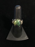 Vintage Rose Carved Sterling Silver Ring W/ Beautiful Green Earthstone - Size 5.75