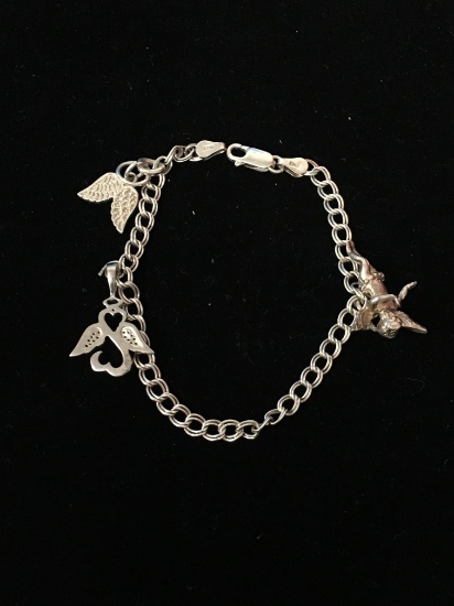 7.5" Sterling Silver Charm Bracelet W/ 3 Sterling Angel Charms (1 Has Diamonds - Open Heart Collecti