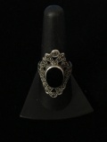 Marcasite & Black Onyx Sterling Silver Statement Ring - Size 8.5