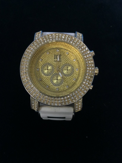 Ice Nation Gold and White Tone Blinged Out Men's Watch with White Band - RUNNING