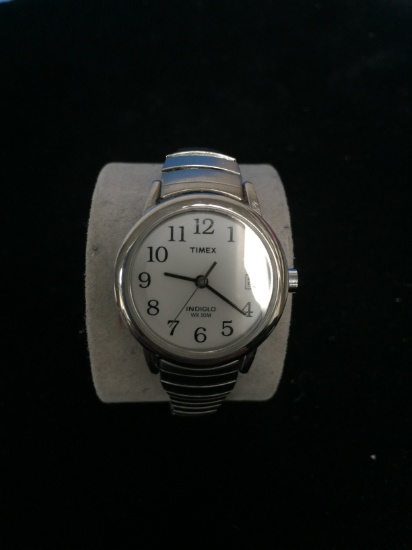 Women's Timex Indiglo Watch with White Face and Flexible Silver Tone Band