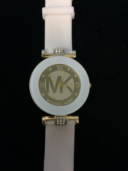 White and Gold Tone Michael Kors Watch with White Rubber Band