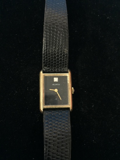 Helbros Black Face & Gold Tone Watch with Faux Alligator Band