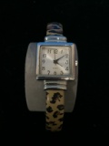 Women's Silver Tone Square Shaped Watch with Leopard Print Cuff Band