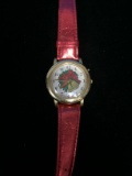 Christmas Wreath Gold and Red Tone Women's Watch with Red Band