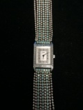 Women's Silver and Turquoise Tone Art Deco Style Watch with Beaded Band