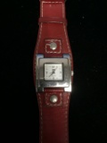 Women's Faded Glory Silver Tone Leather Cuff Style Watch with Red Band