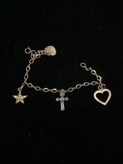 7" Sterling Silver Charm Bracelet W/4 Sterling Charms