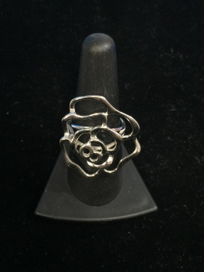 FAS Sterling Silver Large Floral Rose Statement Ring - Size 7.5