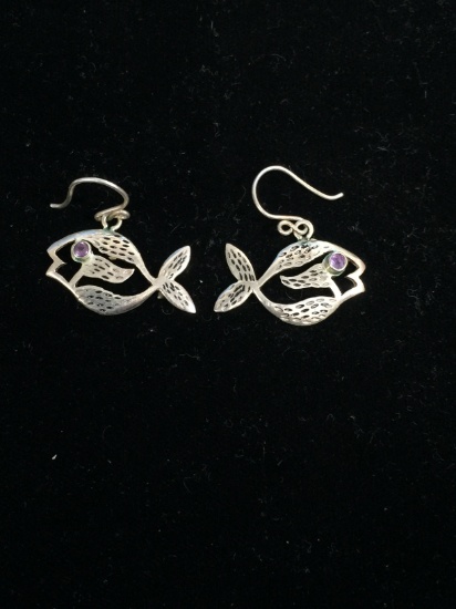 Carved Sterling Silver & Amethyst Fish Earrings