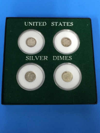 4 Coin United States Silver Dimes Set - 1891 Seated Liberty Dime, 1911 Barber & More!