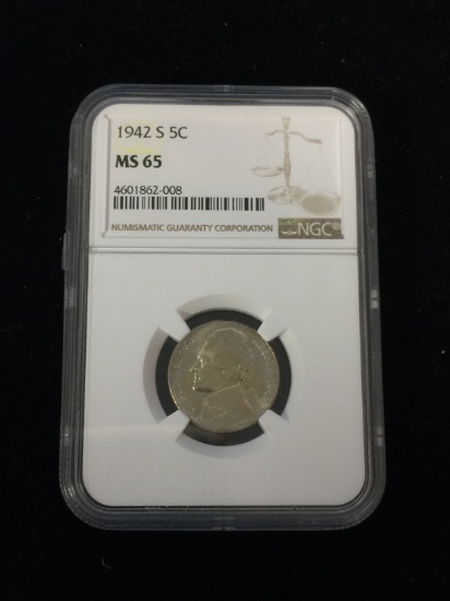 NGC Graded 1942-S United States Silver Nickel - 35% Silver Coin - MS65 Grade