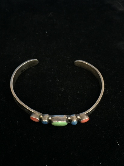 RARE Don Lucas & J Feeney Sterling Silver Native Style Cuff Bracelet W/ Turquoise, Coral, & Lapis