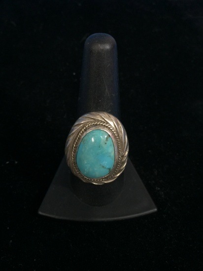 Old Pawn Native American Signed "BK" Sterling Silver & Large Turquoise Ring - Size 9.25