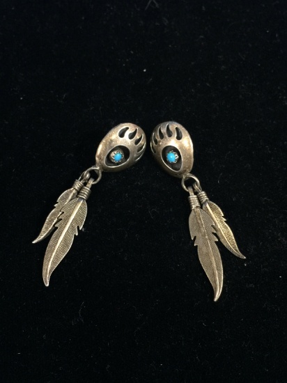 Native American Sterling Silver & Turquoise Bear Pawn & Leaf Dangle Earrings