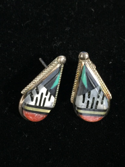 Native American Signed "ECK" Sterling Silver Earrings W/ Multi Stone Inlay