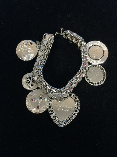 Heavy Sterling Silver 7.75" Charm Bracelet W/ 6 Sterling Silver & Gemstone Charms - 67 Grams