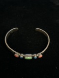 RARE Don Lucas & J Feeney Sterling Silver Native Style Cuff Bracelet W/ Turquoise, Coral, & Lapis