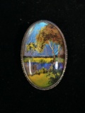 Antique Sterling Silver & Indigo Shell Pond Scene 1.75