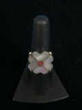 Zuni Native American Signed Sterling Silver & Gemstone Inlay Flower Ring - Size 7