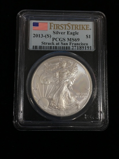 First Strike US 2013-S American Silver Eagle Dollar PCGS MS69 1 Ounce .999 Silver Coin