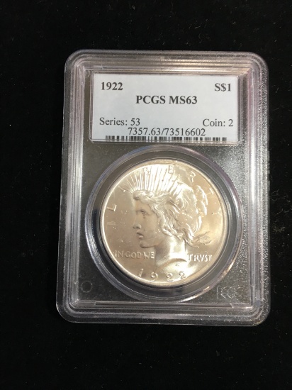 PCGS Graded 1922 United States Peace Silver Dollar MS63 - 90% Silver Coin
