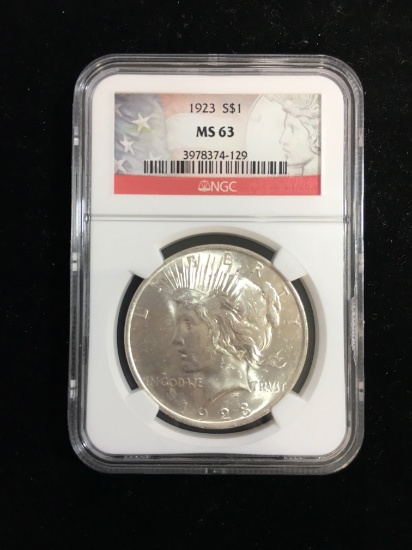 NGC Graded 1923 United States Peace Silver Dollar MS63 - 90% Silver Coin
