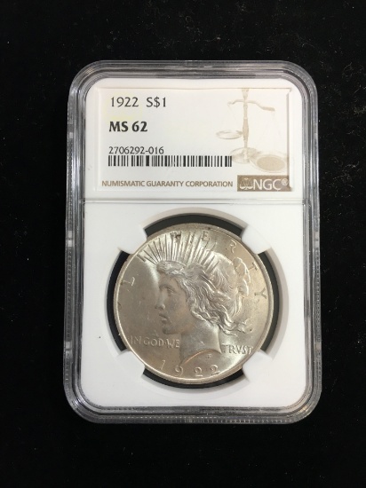 NGC Graded 1922 United States Peace Silver Dollar MS62 - 90% Silver Coin