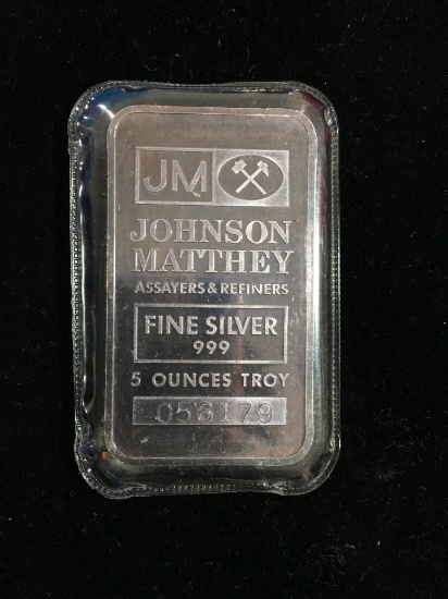 5 Troy Ounces .999 Fine Silver JM Johnson Matthey Bullion Bar